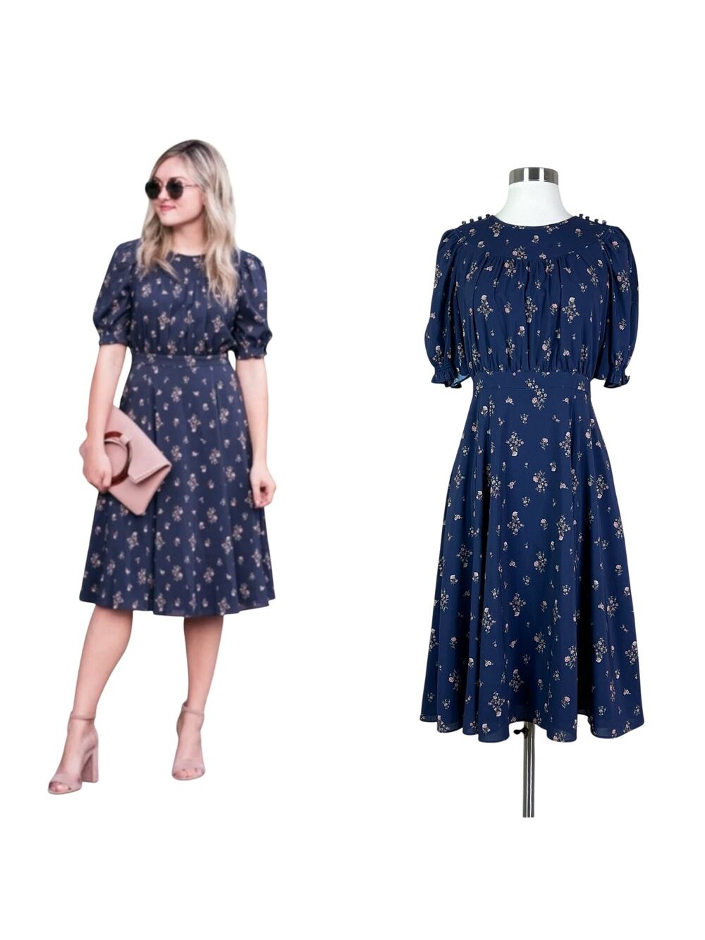 Gal Meets Glam | Emily Blue Floral Puff Sleeve Fit Flare Elegant Midi Dress 2